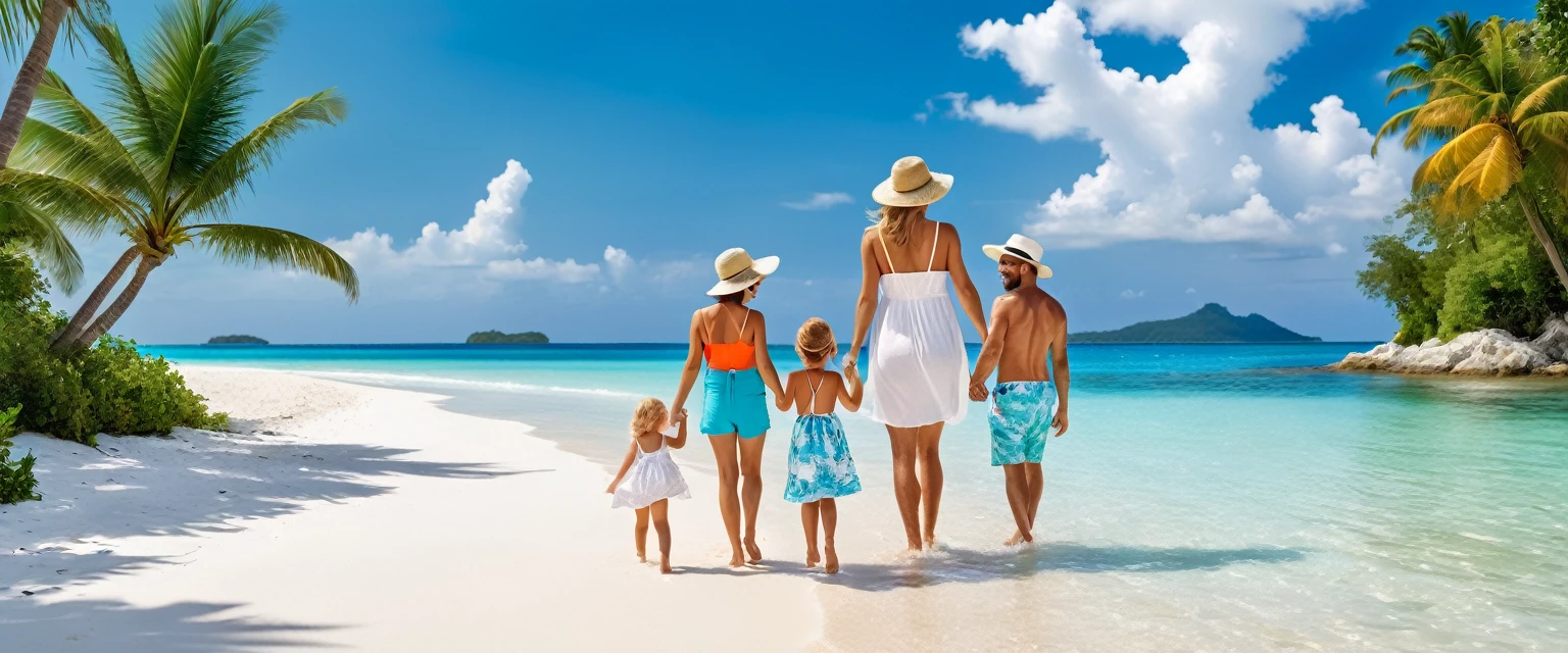 Wide advertising banner of the travel company "TurTur". In the background is a stunning tropical beach with crystal clear waters, white sand and lush palm trees. The sky is bright blue with a few fluffy white clouds. In the foreground is a happy family in summer clothes. The general atmosphere is cheerful and attractive.