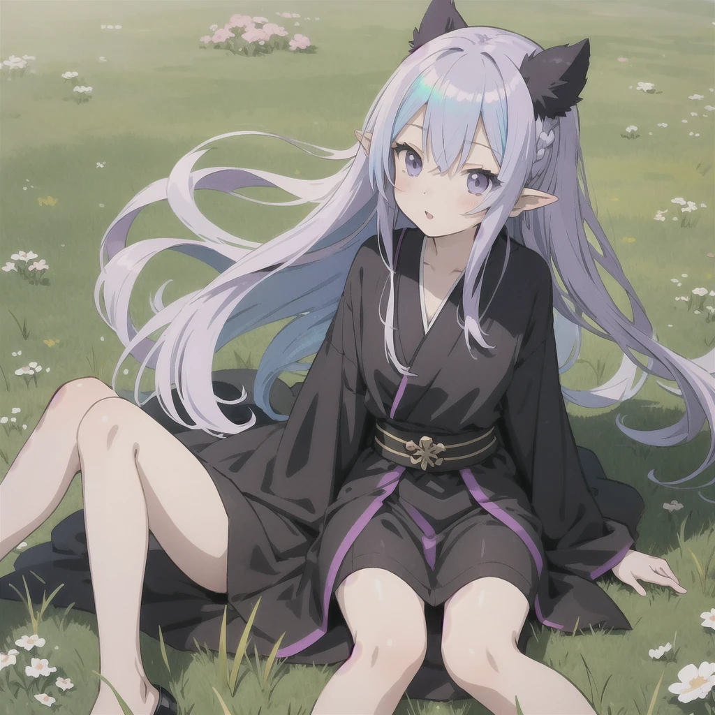 anime girl long purple hair wearing a black Robe. she has pointy ears. Manga kawaii. iridescent ,An illustration, 0ne person .Sitting in the grass, hair blowing in the wind