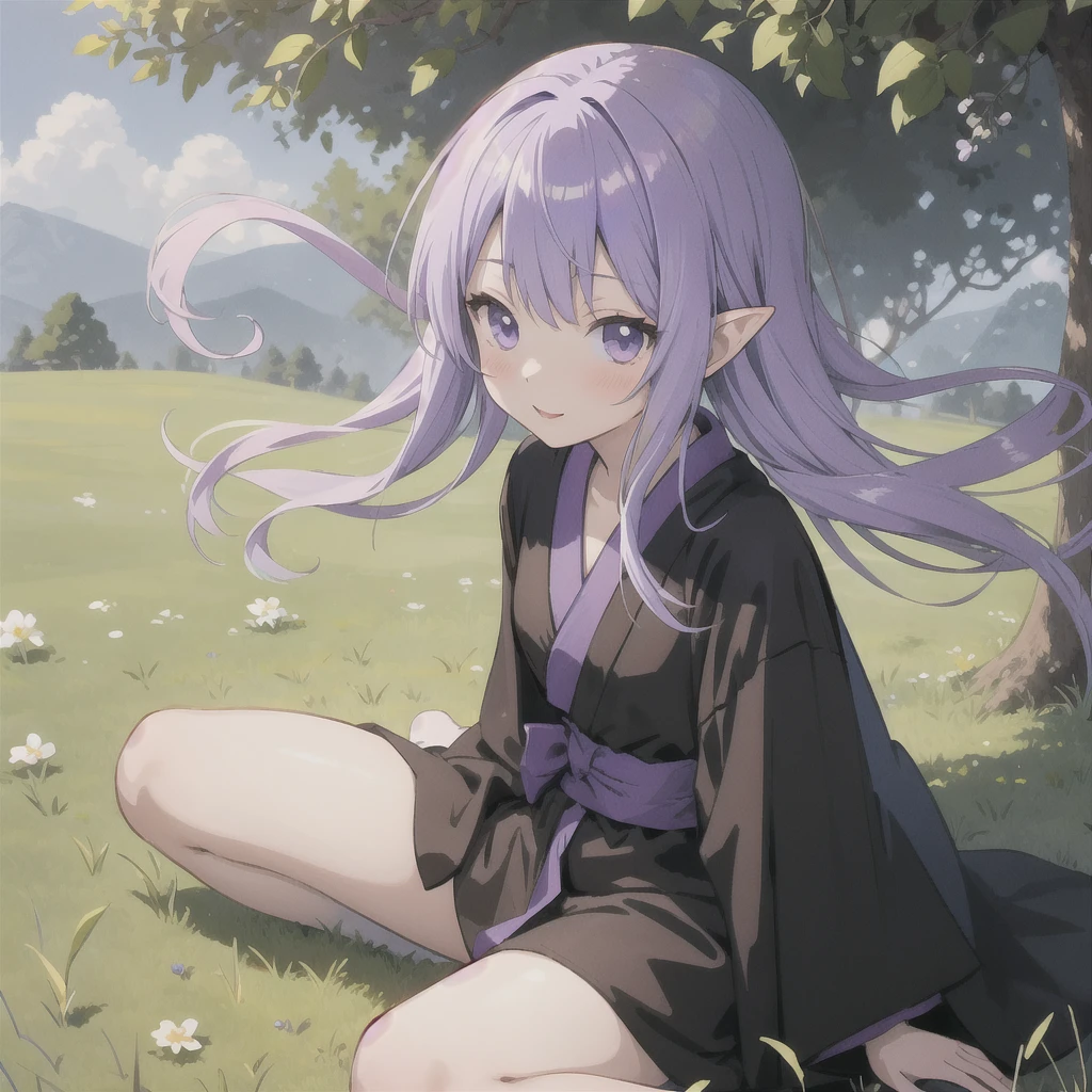 anime girl long purple hair wearing a black Robe. she has pointy ears. Manga kawaii. iridescent ,An illustration, 0ne person .Sitting in the grass, hair blowing in the wind