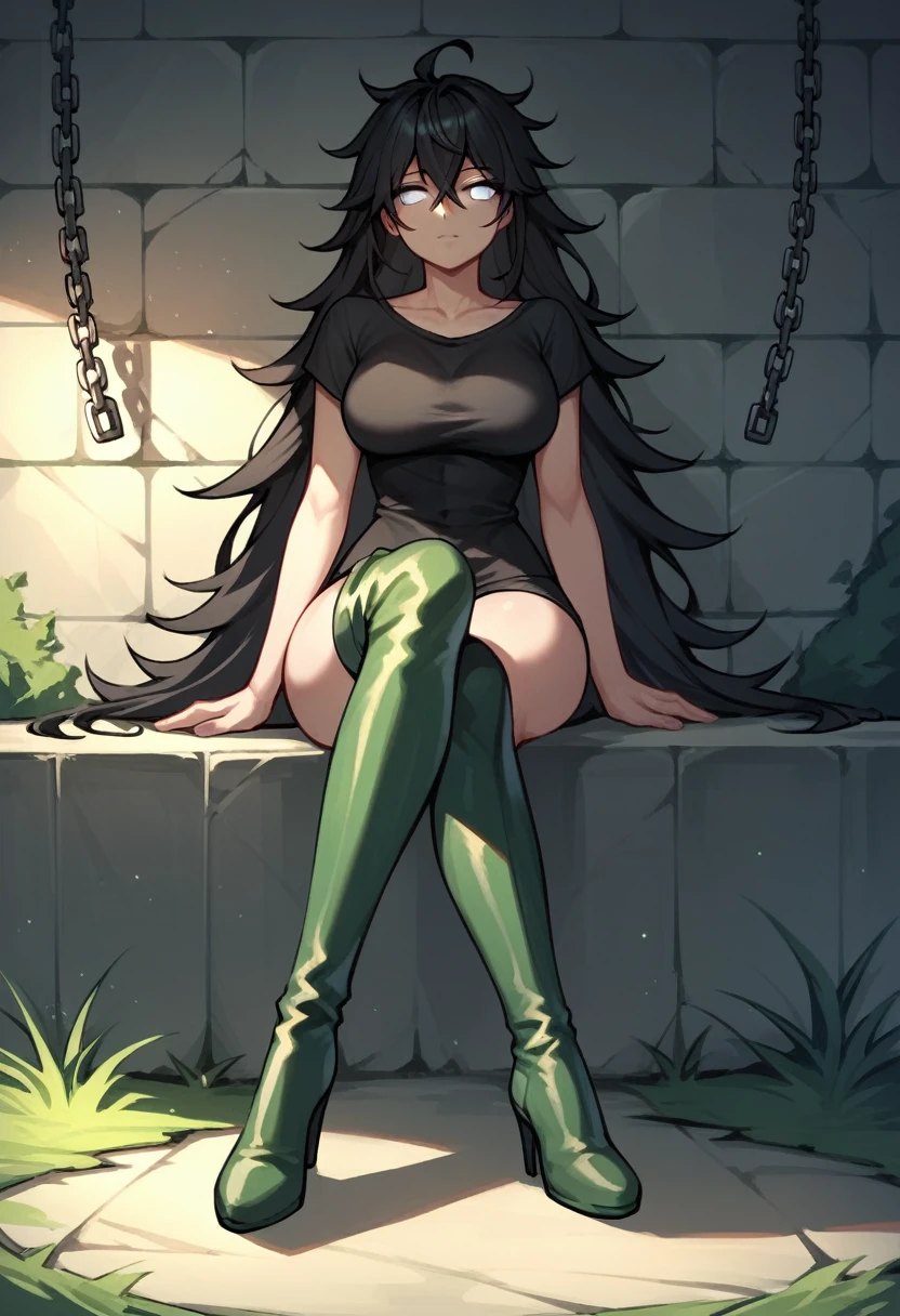 score_9, score_8_up, score_7_up, score_6_up, score_5_up, score_4_up, source_anime, 1girl,lush breasts, sit, black hair,long hair, white eyes, w-w-chain, spread arms, messy hair, black shirt,pants,thigh high boots,green boots,heels,legs crossed,dark dungeon, best quality, best res, 4K UHD,
 