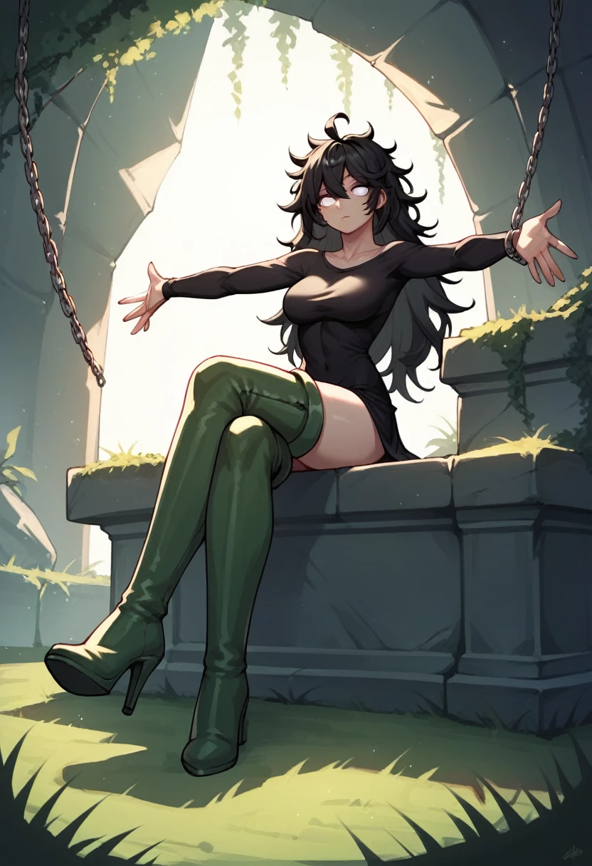 score_9, score_8_up, score_7_up, score_6_up, score_5_up, score_4_up, source_anime, 1girl,lush breasts, sit, black hair,long hair, white eyes, w-w-chain, spread arms, messy hair, black shirt,pants,thigh high boots,green boots,heels,legs crossed,dark dungeon, best quality, best res, 4K UHD,