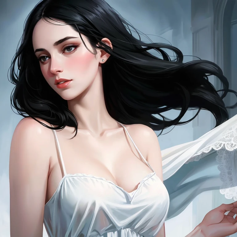 beautiful girl with realistic black eyes, pale skin, mid-length black hair, cum on perfect face, perfect eyes, wearing sheet sundress, highly detailed, comprehensive cinematic, digital painting, 8k, cinematic lighting, best quality, highres, detailed work, post-processing, perfect result, hyper realistic