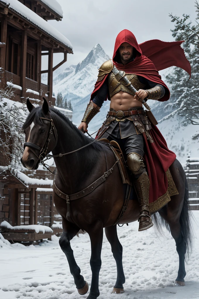 Historical fiction,  16 K ultra realistic image photography , cinematic , red hooded massive red dragon, on four legs and a massive tail, smiling broadly, casting snow,  scene casted by its somber black shadow, mountains citadel ,  hood belly button , Warrior in a red hallmarked leather mail  shoulder plates and a sign, steel protection, on saddled  , holding a sword   Sergio toppi.  signs gold  and hieroglyphs  ornaments at the wall intricate, elegant, highly bare, detailed  , blonde curly  hair,  show belly button,  structure and surface detailed,  face and body , majestic, digital painting, art by artgerm and ruan jia, greg rutkowski, broken glas masterpiece, side-lighting, area finely detailed structures 1.2, hdr.