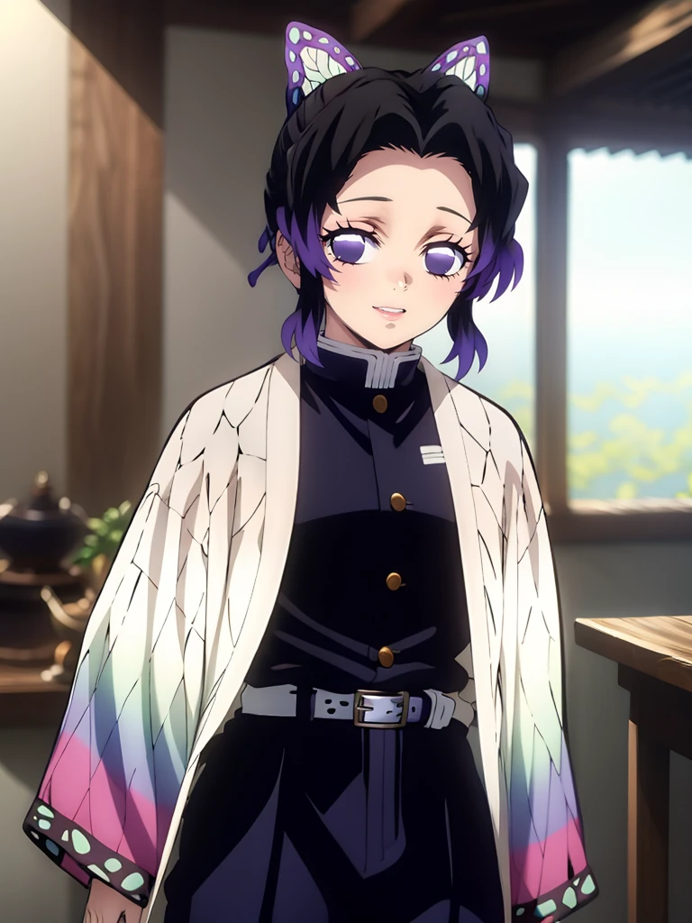 Kochou shinobu, 4k, absurd, high resolution, very high resolution, high definition, masterpiece, Short hair, purple hair, Hair Adorno, Butterfly hair ornament, Purple eyes, Slayer Demon Uniform, Black Jacket, Pants, White belt, Separate bangs, wide sleeves, Butterfly hair ornament, Black Pants, upper body, looking_at_viewer, :d