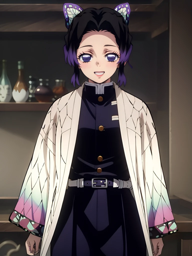 Kochou shinobu, 4k, absurd, high resolution, very high resolution, high definition, masterpiece, Short hair, purple hair, Hair Adorno, Butterfly hair ornament, Purple eyes, Slayer Demon Uniform, Black Jacket, Pants, White belt, Separate bangs, wide sleeves, Butterfly hair ornament, Black Pants, upper body, looking_at_viewer, :d