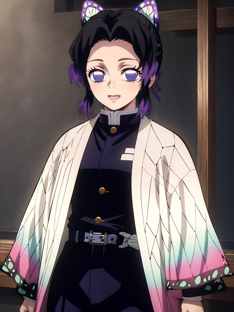 Kochou shinobu, 4k, absurd, high resolution, very high resolution, high definition, masterpiece, Short hair, purple hair, Hair Adorno, Butterfly hair ornament, Purple eyes, Slayer Demon Uniform, Black Jacket, Pants, White belt, Separate bangs, wide sleeves, Butterfly hair ornament, Black Pants, upper body, looking_at_viewer, :d