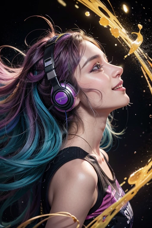 A vibrant and surreal portrayal of a woman's profile. She wears headphones and opened eyes and laugh, and her hair and face seem to merge with a burst of colorful, fluid-like elements that flow and splash around her. Hans Darias AIThese elements are in a myriad of fluorescent neon colors, including blues, pinks, yellows, and purples. The background is dark, which accentuates the brightness and vibrancy of the colors. The overall effect gives an impression of music, rhythm, and emotions flowing seamlessly from her into the universe.