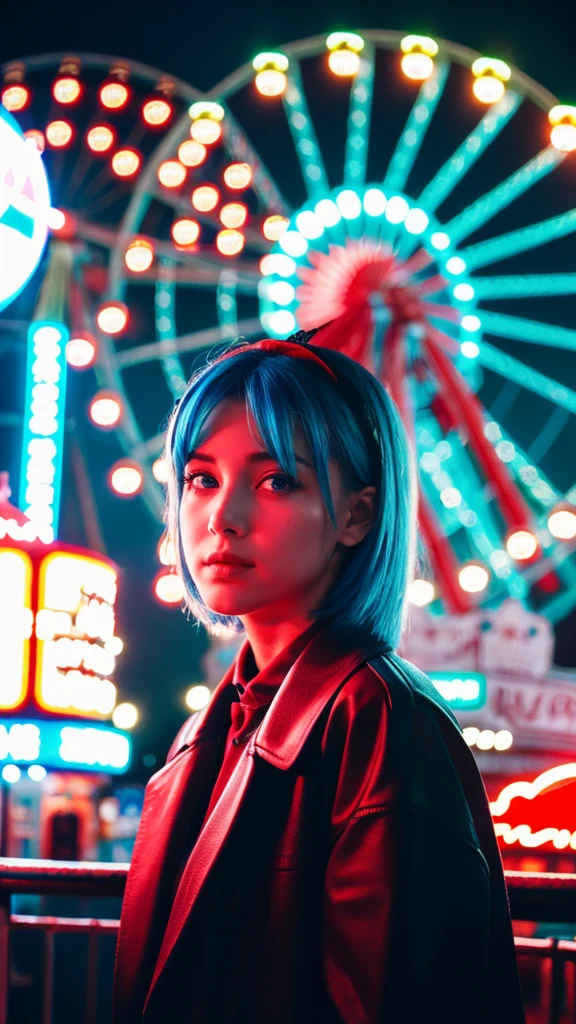 ((best quality)), ((masterpiece)), (detailed), 1girl, red light blue hair, standing at the amusement park in front of the giant wheel or ferris wheel, and see the fireworks on the sky beautiful green and blue fireworks, night view, 8K UHD