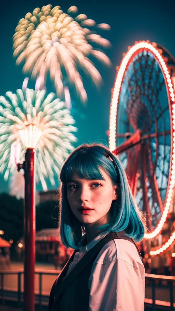 ((best quality)), ((masterpiece)), (detailed), 1girl, red light blue hair, standing at the amusement park in front of the giant wheel or ferris wheel, and see the fireworks on the sky beautiful green and blue fireworks, night view, 8K UHD