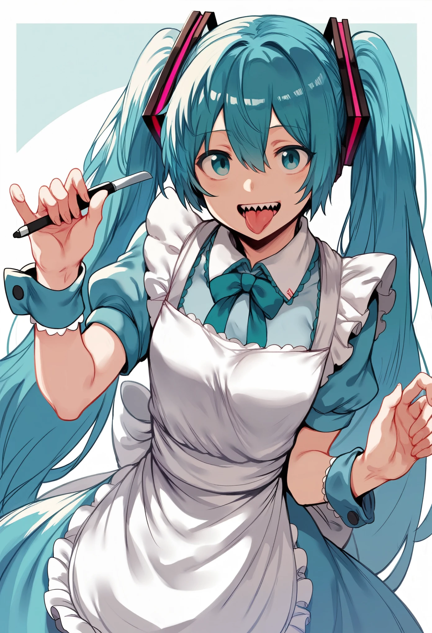 Hews style, 1girl, solo, tongue, long_hair, hatsune_miku, twintails, dress, teeth, black_eyes, striped, sharp_teeth, apron, tongue_out, white_background, wrist_cuffs, looking_at_viewer, bow, open_mouth, simple_background, blue_hair, short_sleeves, blue_dress, aqua_hair, white_apron, very_long_hair, hair_bow, signature, hair_between_eyes, frills, striped_dress, waist_apron, smile