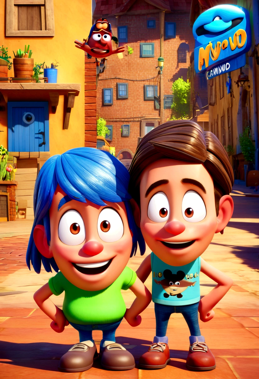 Cartoon of two school kids together, 3D Animation Movie Poster, Poster de filme animado, pixar 3 d animation style, pixar renderman rendering, todos vestindo camisas azuis escuras e jeans claros, Disney Pixar Animation Poster