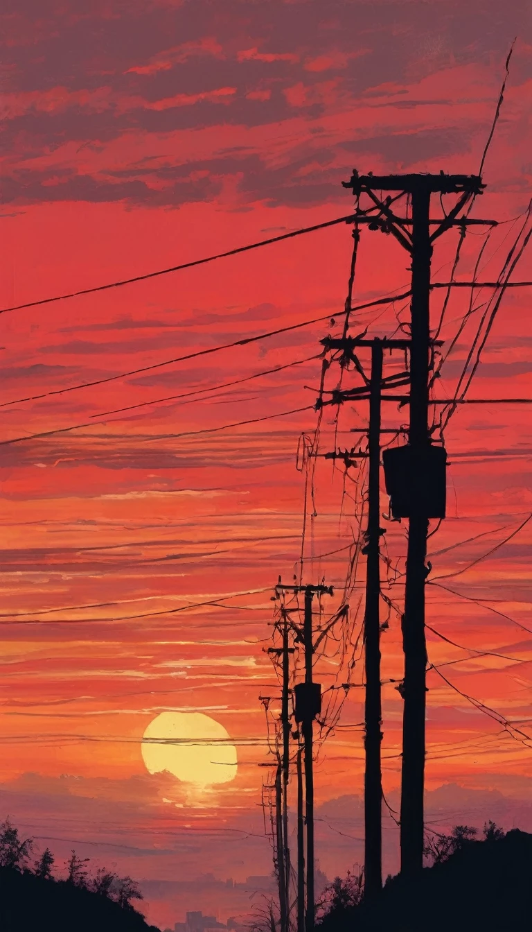 Detailed silhouette of a telephone pole,A small hill where telephone poles appear randomly,The cityscape, the sunset, the red sky,concrete utility pole,Beautiful sunset seen from downhill,