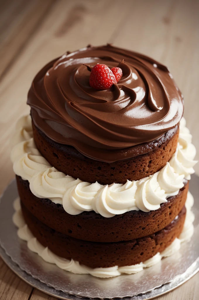 A cute homemade small cake, with a chocolate icing without exaggeration on the cake