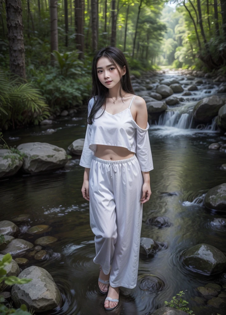 full body Thai woman 25 years old beautiful face, large, sharp eyes, shoulder length hair, upturned nose, tan skin, narrow waist. Wearing dark blue hiking pants with a rifle by the stream in the background.:The forest has a flowing waterfall, and on the side there is a wide square with rocks.