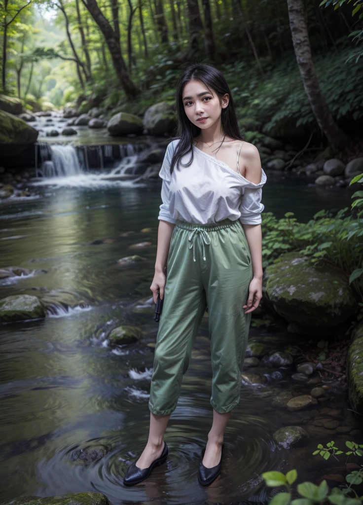 full body Thai woman 25 years old beautiful face, large, sharp eyes, shoulder length hair, upturned nose, tan skin, narrow waist. Wearing dark blue hiking pants with a rifle by the stream in the background.:The forest has a flowing waterfall, and on the side there is a wide square with rocks.