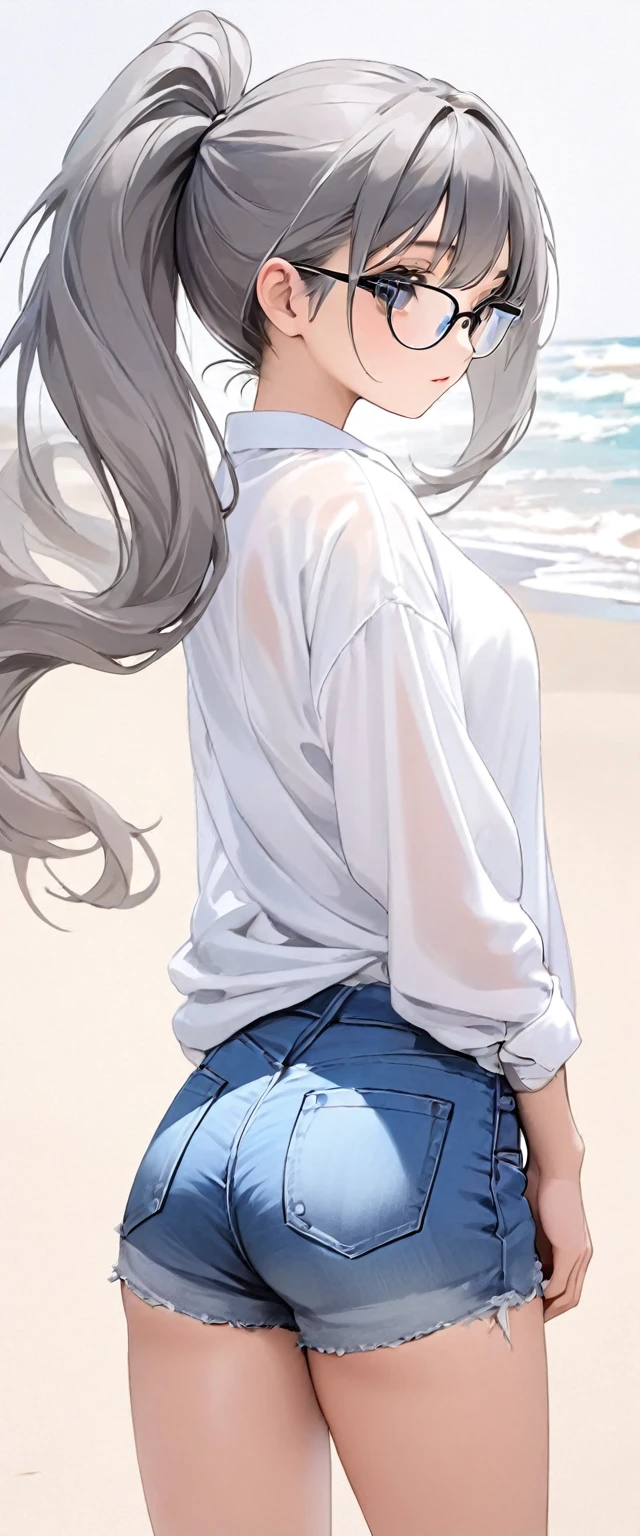 Oriental beautiful girl,sideways,Looking over the shoulder,White transparent real-life painting,Color splash rendering,Facial texture is clear,Silver-white and dark gray highlighted long hair tied into twin ponytails,loose white shirt,Blue distressed denim shorts,Gold-framed glasses,White sand background,messy strokes.Close-up of character( Perfect anatomical structure ) Beautiful and extremely fine texture,detailed, bright, Animation style high definition and high quality presentation