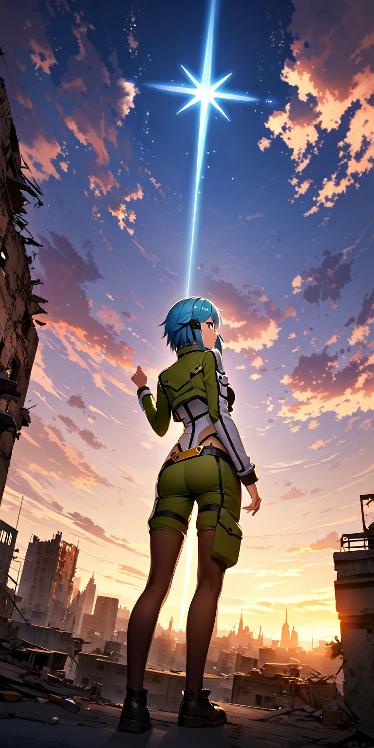 A girl(), sinonggo, short hair with pale blue color, looking to the sky, one hand holding the hair, behind the view, standing on top of a building, the sky is so beautiful, (the night sky with the falling of stars), the moon is so beautiful in the middle top view, (there are many damaged buildings), silent place, beautiful view, the night wind blowing,from below, BREAK ,quality\(8k,wallpaper of extremely detailed CG unit, masterpiece,hight resolution,top-quality,top-quality real texture skin,hyper realisitic,increase the resolution,RAW photos,best qualtiy,highly detailed,the wallpaper,cinematic lighting,ray trace,golden ratio\),long view