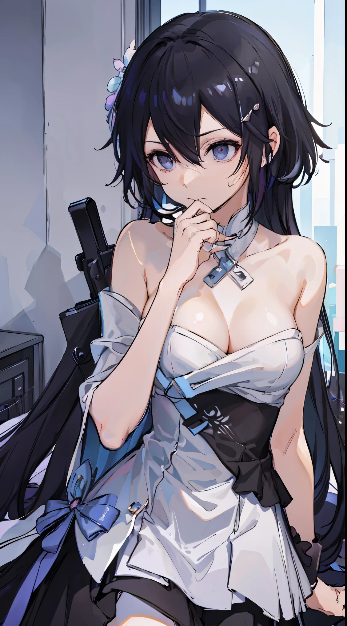 Beth,,Expose the private part,Sexual turn,Long black hair,Big ,Purple eye,tmasterpiece,best qualtiy,ultra - detailed,illustratio,epic lighting,cinematic compositions,isometry,1girl,独奏,adolable,black color hair,red hair clips,formal,a captivating gaze,captivating posture,inside in room,office room,doors,Open the door,looking at viewert,peeking out upper body,Be red in the face,seduct ,Shut your mouth,(8K:1.1),hand,Disdainful look,Disgusted expression,比基尼,Underwear,White tights,Nude