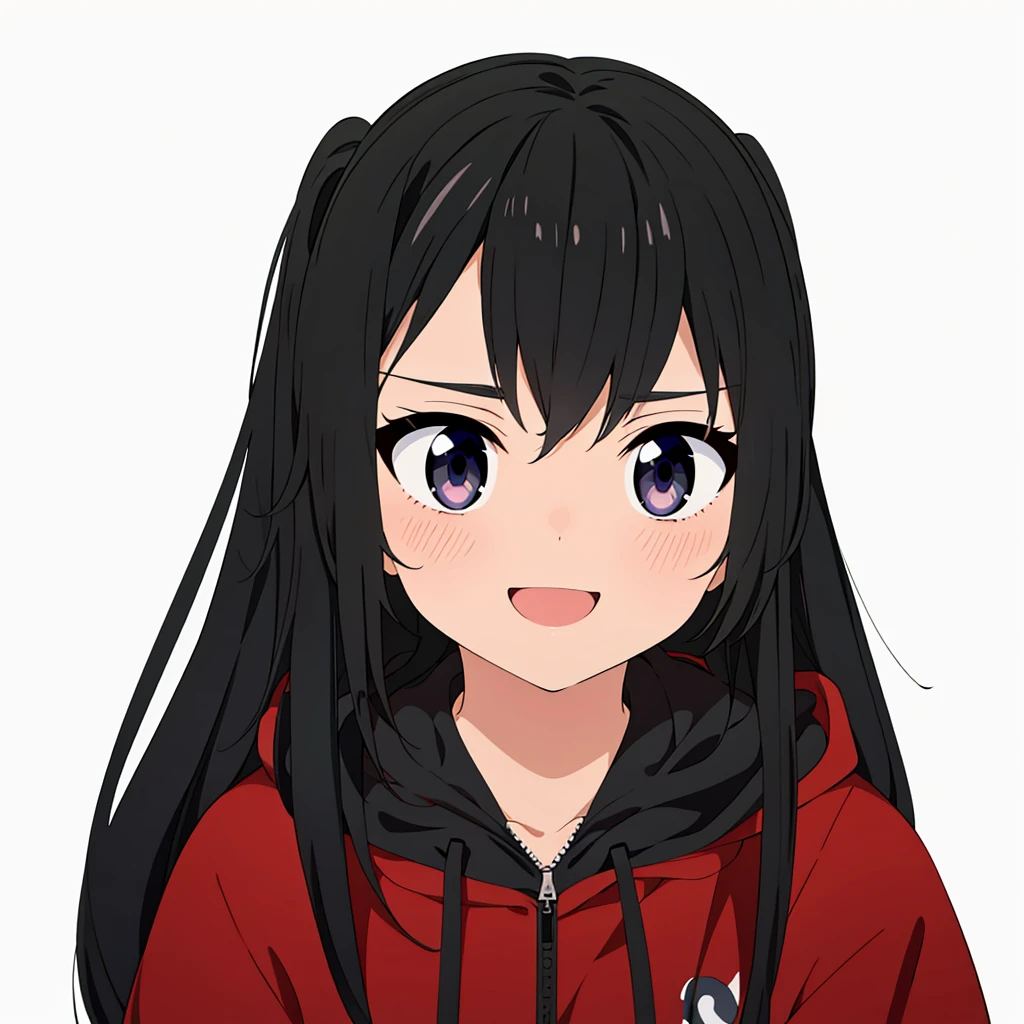 ((masterpiece, best quality)), ((ultra quality)), 1girl, solo, black hair, long hair, grey eyes, big breast, very detailed, simple eyes, anime style, looking_at_viewer, anime girl with black hair, live2d virtual youtuber model, medium hair haired woman, pigtails hair, black colored hair, 2d anime style, stylized anime, short hair, anime style, 8k, anime stylized, bangs, anime in scenery, white mode background, dark black colored iris eyes, black with red hoodie jacket, smile, open mouth, tanned skin, skin color #f7bda1