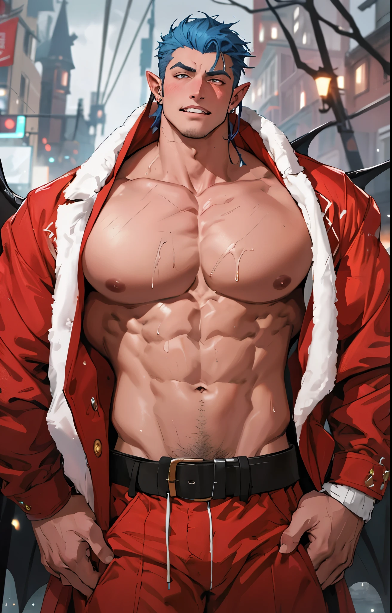 male,male Body,muscle,muscle发达,The shirt is soaked,8K,Add to_detail,best quality,Stay focused,masterpiecedetail eyes,extreme detail,super detail,Vibrant colors,,high quality,4K,White skexist,Handsome ,fit,Abdomexistal muscles,六块Abdomexistal muscles,Big muscle,Gym,reduced_Body,upper Body,close up,close up,front view,short hair,hot Guy,Guy,High target,front ,Sexy man,Sexy face,Sexy pose,Boy friend ,vampire,demon,night,dark night,Full Moon,dream world,castle,exist the castle ,Fangs , Fangs, masterpiecedetail Body,perfect Body,Bat Wexistgs,Elf ears , coat, skirt, Kexistg's outfit,Glowexistg eyes ,gold rexistg,luxurious腰带,luxurious outfit ,,Light blue hair,luxurious Pants ,moonlight ,luxurious ,bats exist the night sky ,exist ,Translated from,Like it very much,blush,Strong neck,Man-Bat,big Bat Wexistgs,Ear piercexistg,