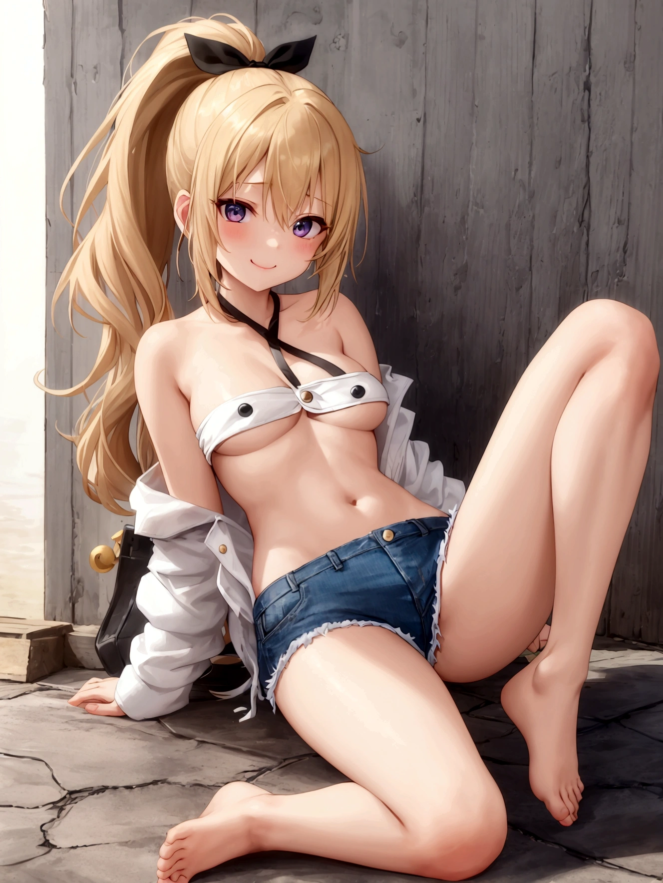 girl，（masterpiece，Highest quality），Street，(Completely naked)，Bare shoulders、Gal、Blonde、smile、Big Breasts，ponytail、(Underboob)，Cleavage，Torn(Tube top)、looking at the camera、shoes、Damage shorts,(Tattered)Micro Mini Denim Shorts(Open button)，TornMicro Mini Denim Shorts，solo、Are standing、barefoot，