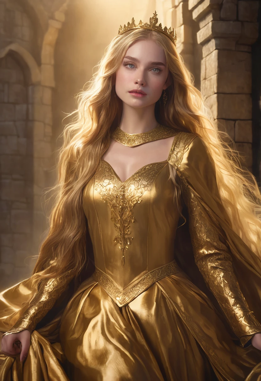 1 girl, Medieval castle made of gold, elegant gold-colored dress, detailed facial features, beautiful eyes, literally gold-colored detailed skin, literally gold-colored, detailed and long golden hair, strong expression, dramatic lighting, cinematic composition, palette soft-colored, atmospheric fog, (best quality,4K,8K,high resolution,Artwork:1.2),ultra-detailed,(realistic,photorealistic,photo-realistic:1.37)