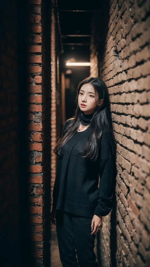 ((Best Quality, 8K, Masterpiece)), 1girl,  Long black and shiny hair, long necklace, Neon shirt, Torn leg pants, Open jacket, Open-collared turtleneck sweater, Against the wall, brick walls, GRAPHITE, dim murky lights, alley, looking at viewer