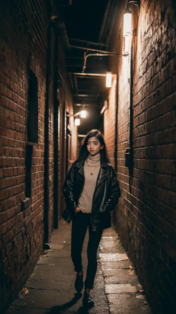((Best Quality, 8K, Masterpiece)), 1girl, Long black and shiny hair, long necklace, Neon shirt, Torn leg pants, Open jacket, Open-collared turtleneck sweater, Against the wall, brick walls, GRAPHITE, dim murky lights, alley, looking at viewer