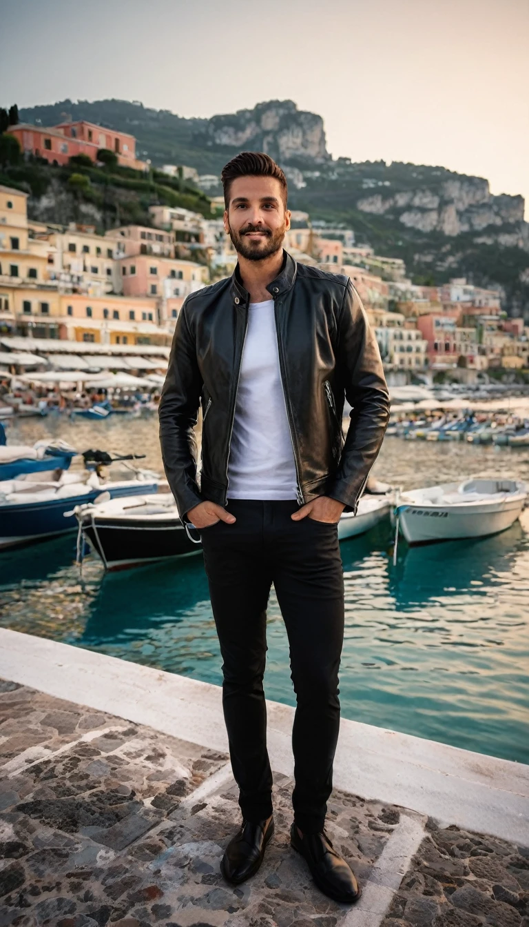 A 35 years old man, with a black pants,white social shirt, italian background, hands on the pocket, a black leather jacket with a zippered collar and a zippered collar, leather jackets, black leather garment, black leather slim clothes, leather jacket, black leather jacket,wearing a black leather jacket,, very aesthetic leather jacket, wearing leather ,clothing photography ,amazing italian background, 4k, realistic ,boats are docked in the water near a town on a hill, italian mediterranean city, mediterranean island scenery, italy, southern european scenery, gulf of naples, beautiful italian beach scene, mediterranean city, capri coast, fantasy italy, naples, mediterranean, beautiful place, mediterranean vista, beauitful, incredibly beautiful, unknown, beautiful high resolution, happy italian beach scene, imposing, sunset, sunset time
