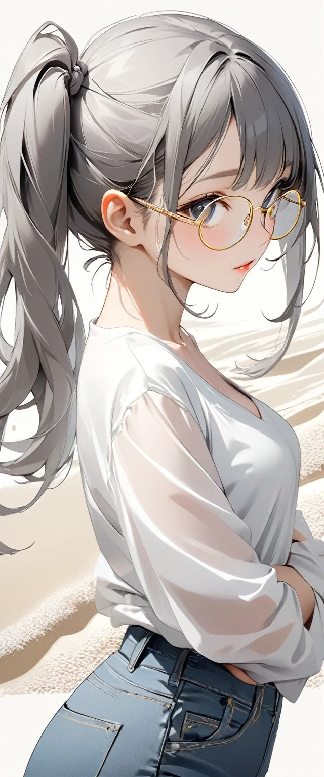 Oriental beautiful girl,sideways,Looking over the shoulder,White transparent real-life painting,Color splash rendering,Facial texture is clear,Silver-white and dark gray highlighted long hair tied into twin ponytails,loose white shirt,Blue distressed denim shorts,Gold-framed glasses,White sand background,messy strokes.Close-up of character( Perfect anatomical structure ) Beautiful and extremely fine texture,detailed, bright, Animation style high definition and high quality presentation