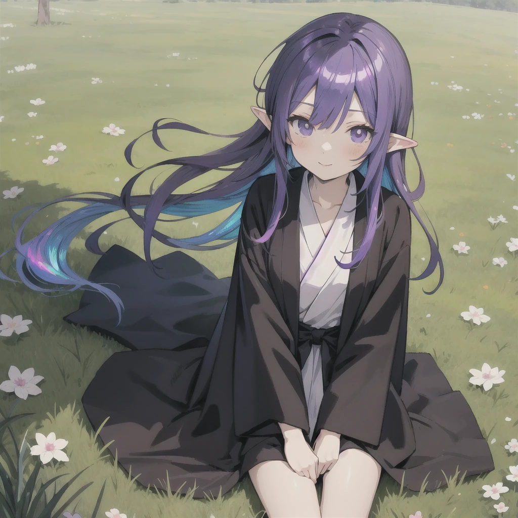 anime girl long purple hair wearing a black Robe. she has pointy ears. Manga kawaii. iridescent ,An illustration, 0ne person .Sitting in the grass, hair blowing in the wind
