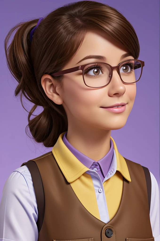 Create a Disney Pixar-type digital illustration of a preschool teacher, with interactive vest uniform, brown hair mid back brown color, sharp face, Brown eyes, small lips, wears large lilac glasses, pearly skin.