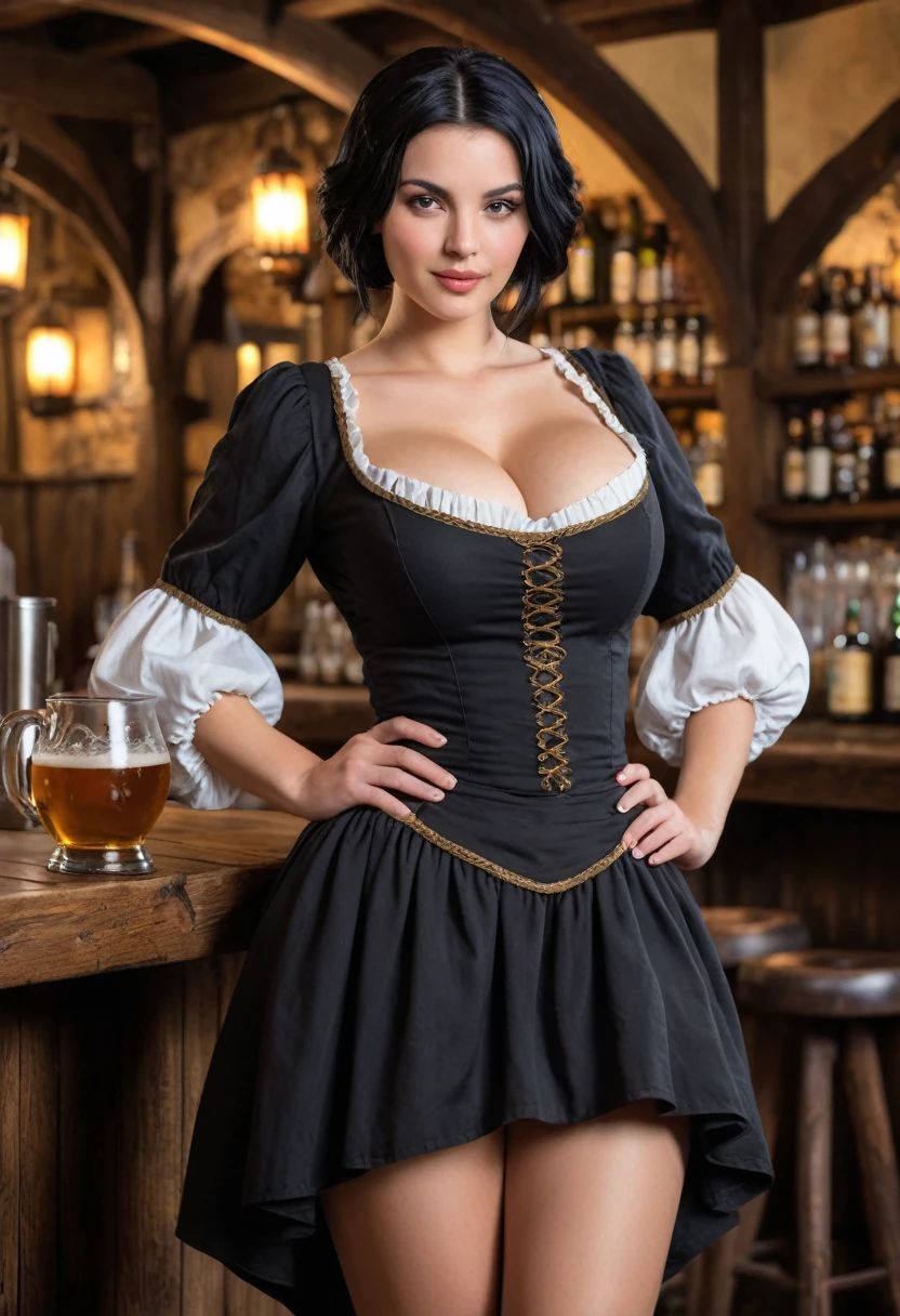 Medieval, Young woman, very short loose black hair, huge breasts, wide hips, barmaid dress, (tavern background) (4k image) (highest quality)