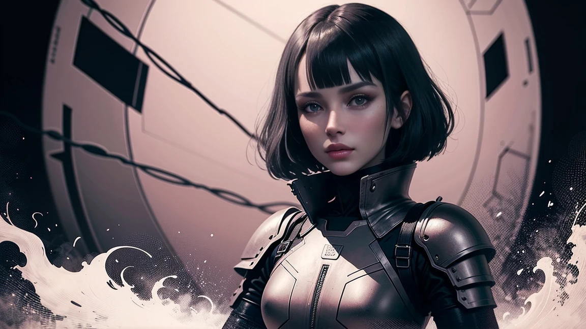  (woman in sci-fi armor, dark red-gray armor), style of junji ito, sweat under the eyes, Ink sketch, monochrome with two colors, Armored tubes and wires, Complex background, dark pattern with black gradients, style of junji ito, Ghost in the Shell, small key, low contrast