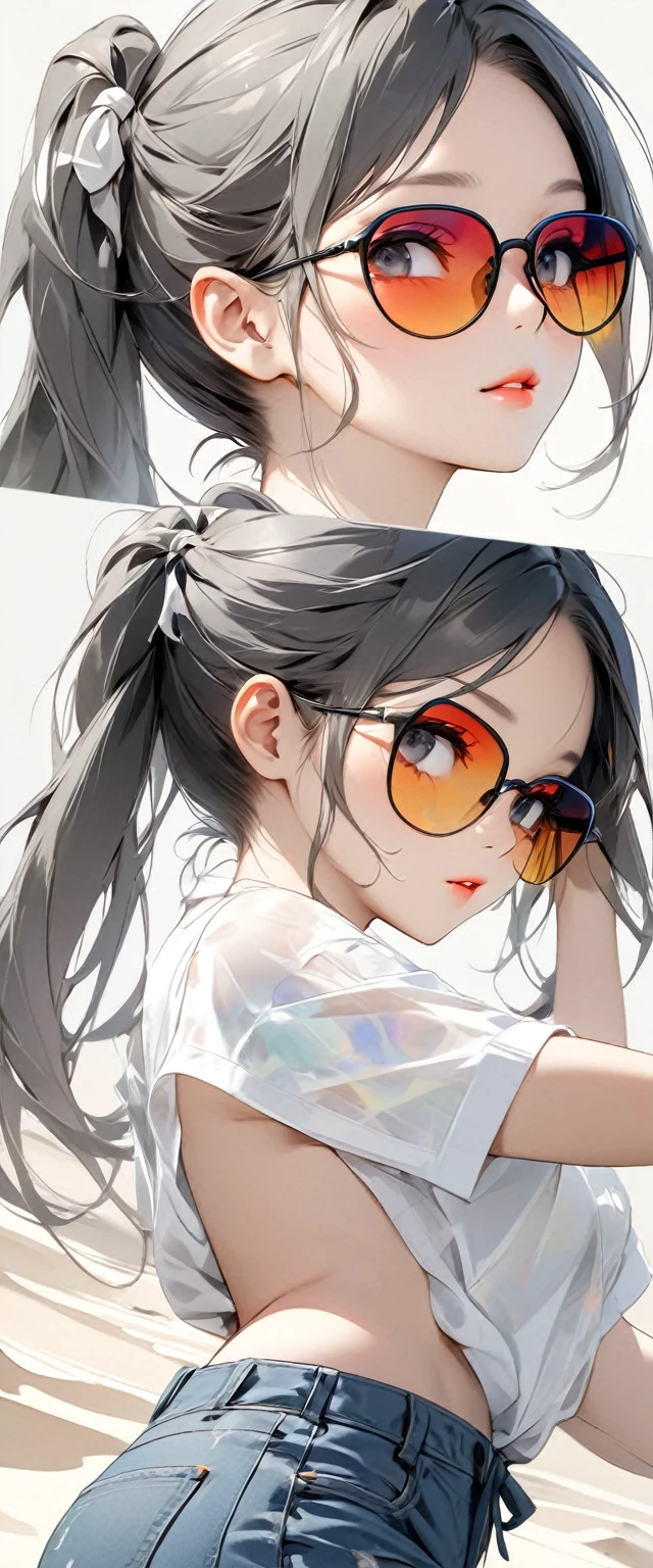 Oriental beautiful girl，sideways，Looking over the shoulder，White transparent real-life painting，Color splash rendering，Facial texture is clear，Silver-white and dark gray highlighted long hair tied into twin ponytails，loose white shirt，Blue distressed denim shorts，Sun Glasses，White sand background，messy strokes.Close-up of character( Perfect anatomical structure ) Beautiful and extremely fine texture，detailed, bright, Animation style high definition and high quality presentation