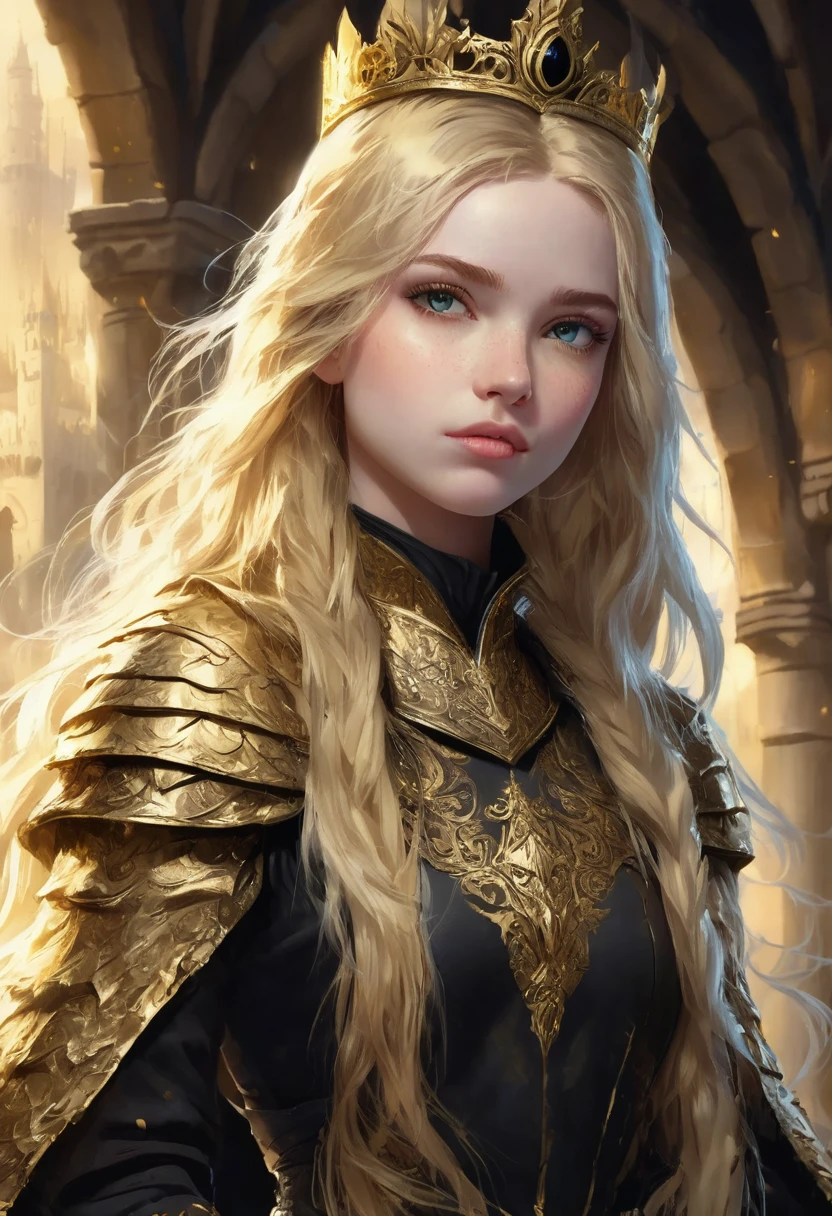 1 girl, Medieval castle made of gold, wearing cold coat made of black feathers, detailed facial features, beautiful eyes, literally gold-colored detailed skin, literally gold-colored, long golden detailed hair, strong expression, dramatic lighting, composition cinematic, soft color palette, atmospheric fog, (best quality,4K,8K,high resolution,Artwork:1.2),ultra-detailed,(realistic,photorealistic,photo-realistic:1.37)