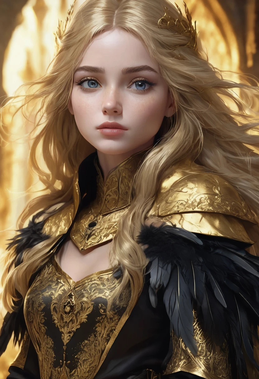 1 girl, Medieval castle made of gold, wearing cold coat made of black feathers, detailed facial features, beautiful eyes, literally gold-colored detailed skin, literally gold-colored, long golden detailed hair, strong expression, dramatic lighting, composition cinematic, soft color palette, atmospheric fog, (best quality,4K,8K,high resolution,Artwork:1.2),ultra-detailed,(realistic,photorealistic,photo-realistic:1.37)