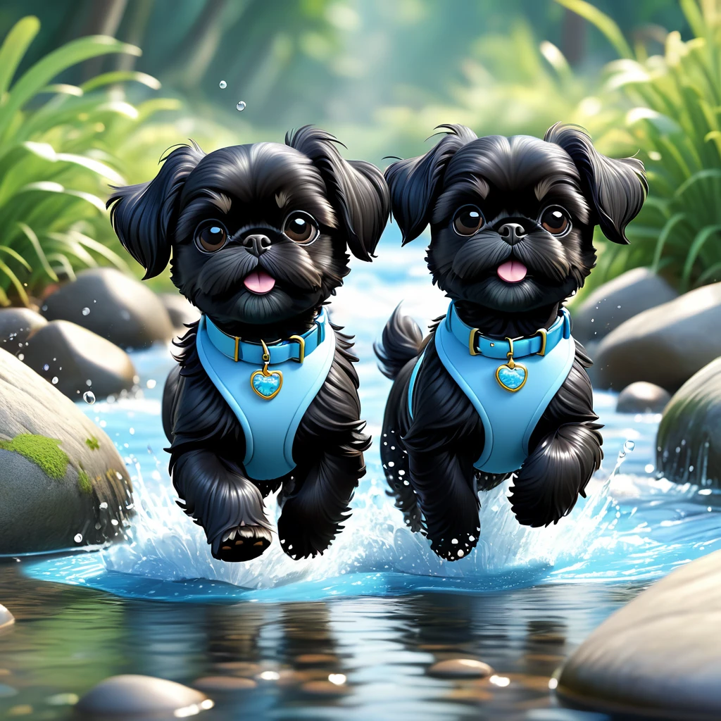 2 Adorable small black Shih Tzu puppies wearing light blue collars and sunglasses running in creek, Disney 3d cartoon, 3d render, disney pixar style