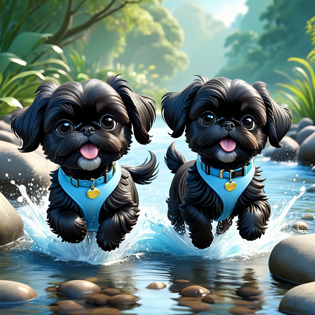 2 Adorable small black Shih Tzu puppies wearing light blue collars and sunglasses running in creek, Disney 3d cartoon, 3d render, disney pixar style
