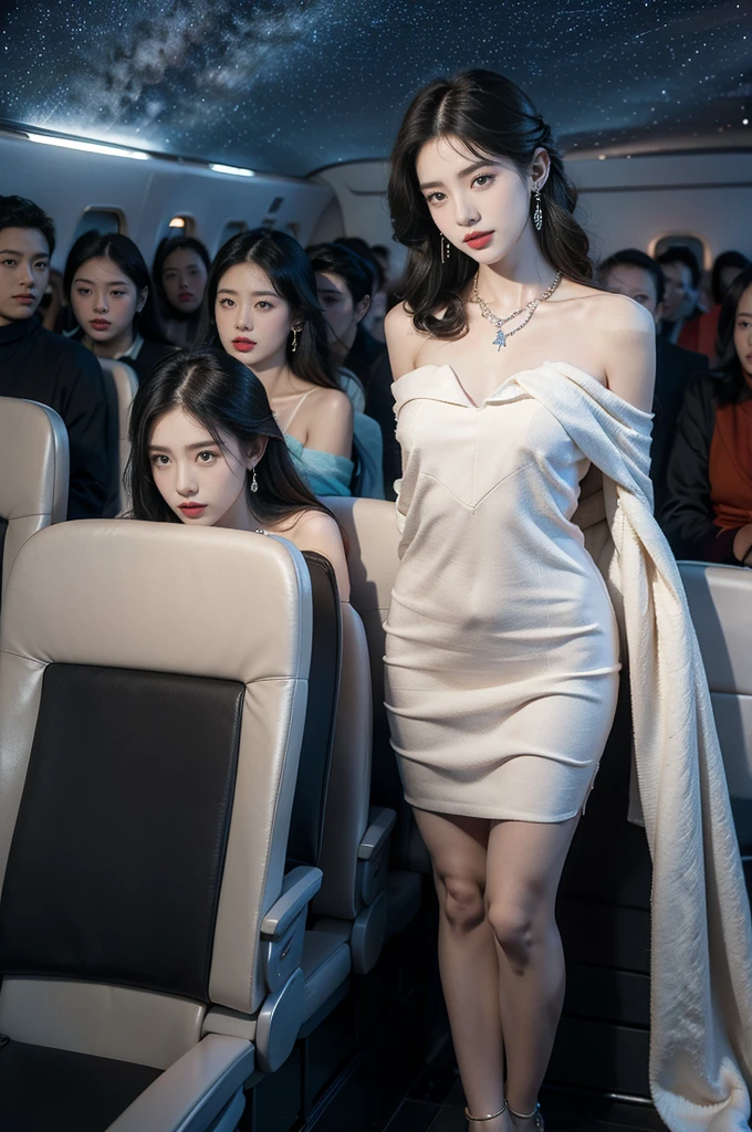 (((best quality))),(((ultra detailed))),(((masterpiece))),illustration,(a beautiful girl,female passenger,solo),(parted red lips),((slim,thin,small breasts,flat chest)),((earrings,crystal necklace)),(slender legs:1.2),summer night,((in airplane,economy class,indoor)),(blanket over shoulders:1.3),((dress)),(shoulder length straight bob hair:1.2),stars,moonlight,smooth flight,engine sound,lullaby,relaxed,excited,laughing,visiting family,comfortable seats,soft fabric,headrests,adjustable,beauty of night sky,dimmed lights,sleeping passengers,movies,personal screens,staying awake,magic of sky,joy of being with family,memorable journey,adventures,(surrounded by crowded crowds:1.3),(Outside the window is high-altitude night view:1.2),((standing,from front,full body)),(arms behind back:1.3)