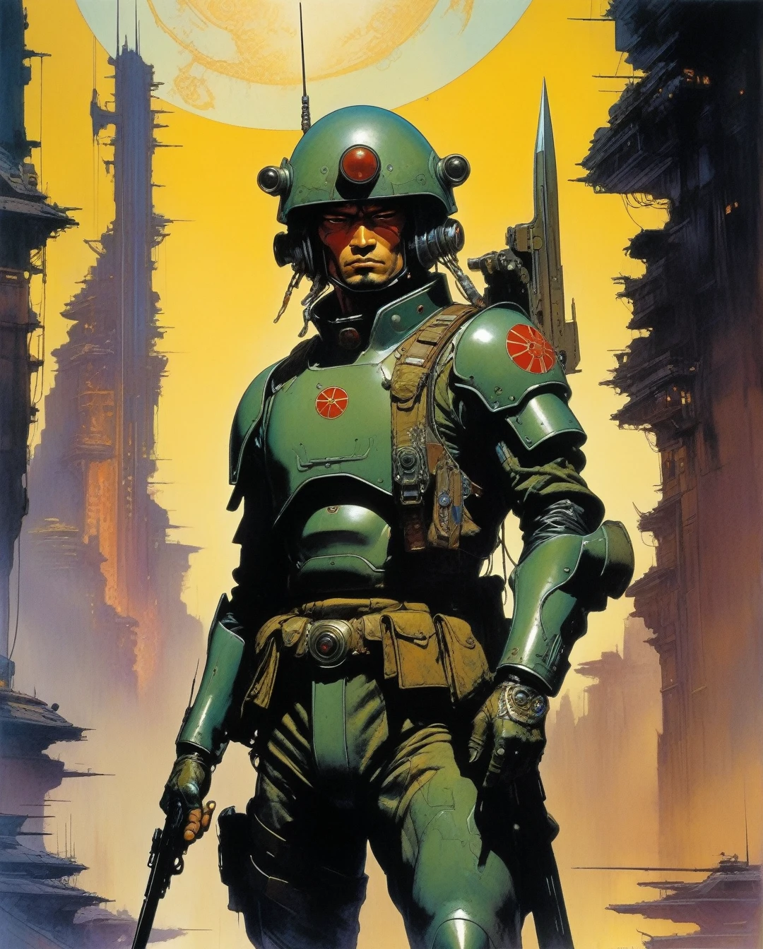 amano yoshitaka, In a dystopian cyberpunk future, a mesmerizing propaganda poster beckons viewers to enlist in the military. Combining the gritty art style of Frank Frazetta with the futuristic flair of Moebius, the image features a cybernetically enhanced soldier, clad in sleek, reflective armor and wielding cutting-edge weapons. The intricate detailing, vivid colors, and dynamic composition elevate this digital painting to a level of unparalleled artistry, capturing the essence of a war-torn, technologically advanced world with stunning precision.