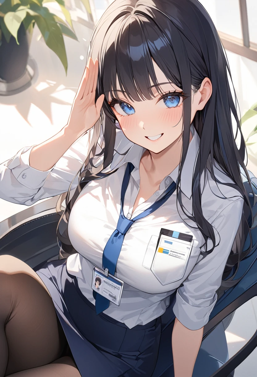 (Highest qualityのイラスト:1.2), (Black Hairの美少女:1.1), (1 girl、、Highest qualityのイラスト:1.2), (1 girl、Kind eyes、blue eyes:1.2)、((Black Hair:1.2))、Semi-long hair、(Highest quality、Very detailed、cute、Ultra-high resolution) 、Larger breasts、office lady, {Navy blue business suit、white business shirt, Navy blue pencil skirt、 pantyhose}, Front facing、smile、ID card hanging around neck、Salute