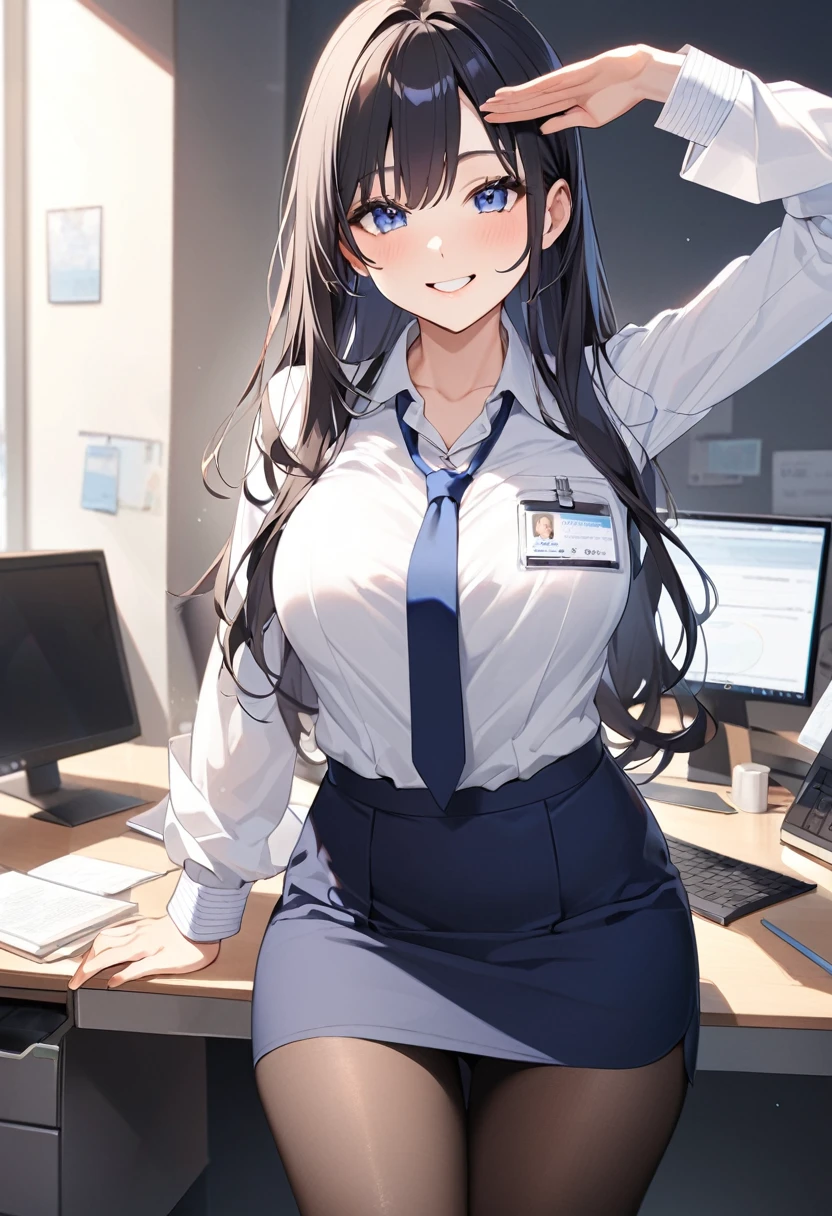 (Highest qualityのイラスト:1.2), (Black Hairの美少女:1.1), (1 girl、17 years old、Highest qualityのイラスト:1.2), (1 girl、Kind eyes、blue eyes:1.2)、((Black Hair:1.2))、Semi-long hair、(Highest quality、Very detailed、cute、Ultra-high resolution) 、Larger breasts、office lady, {Navy blue business suit、white business shirt, Navy blue pencil skirt、 pantyhose}, Front facing、smile、ID card hanging around neck、Salute