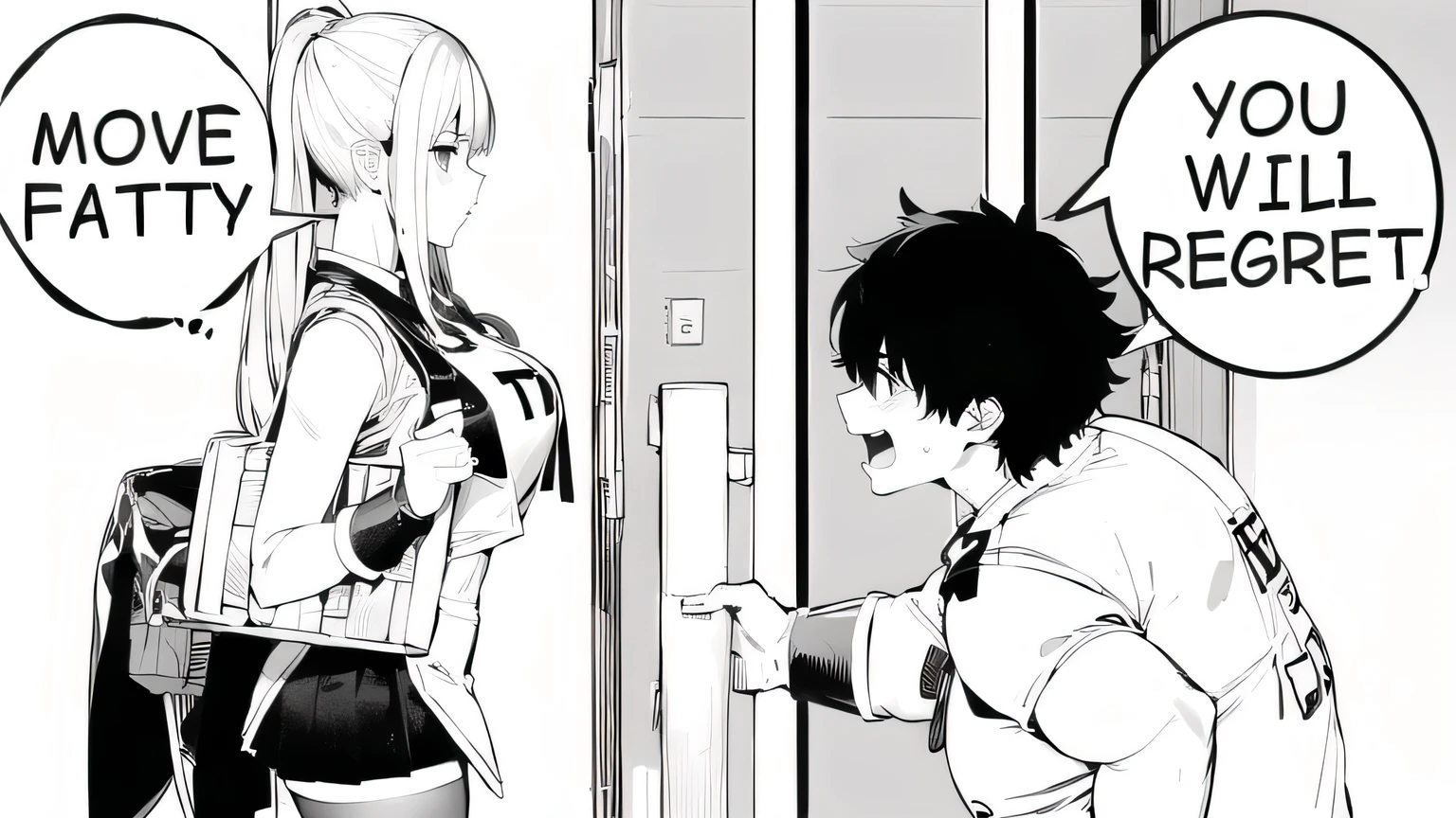 anime girl and boy with signs saying move fatty you will regret, black and white manga panel, black and white manga page, black and white manga style, black and white manga, black and white manga comic, isekai manga panel, award winning manga style, manga panel, manga panels, detailed manga style, from cryptid academia, manga page,