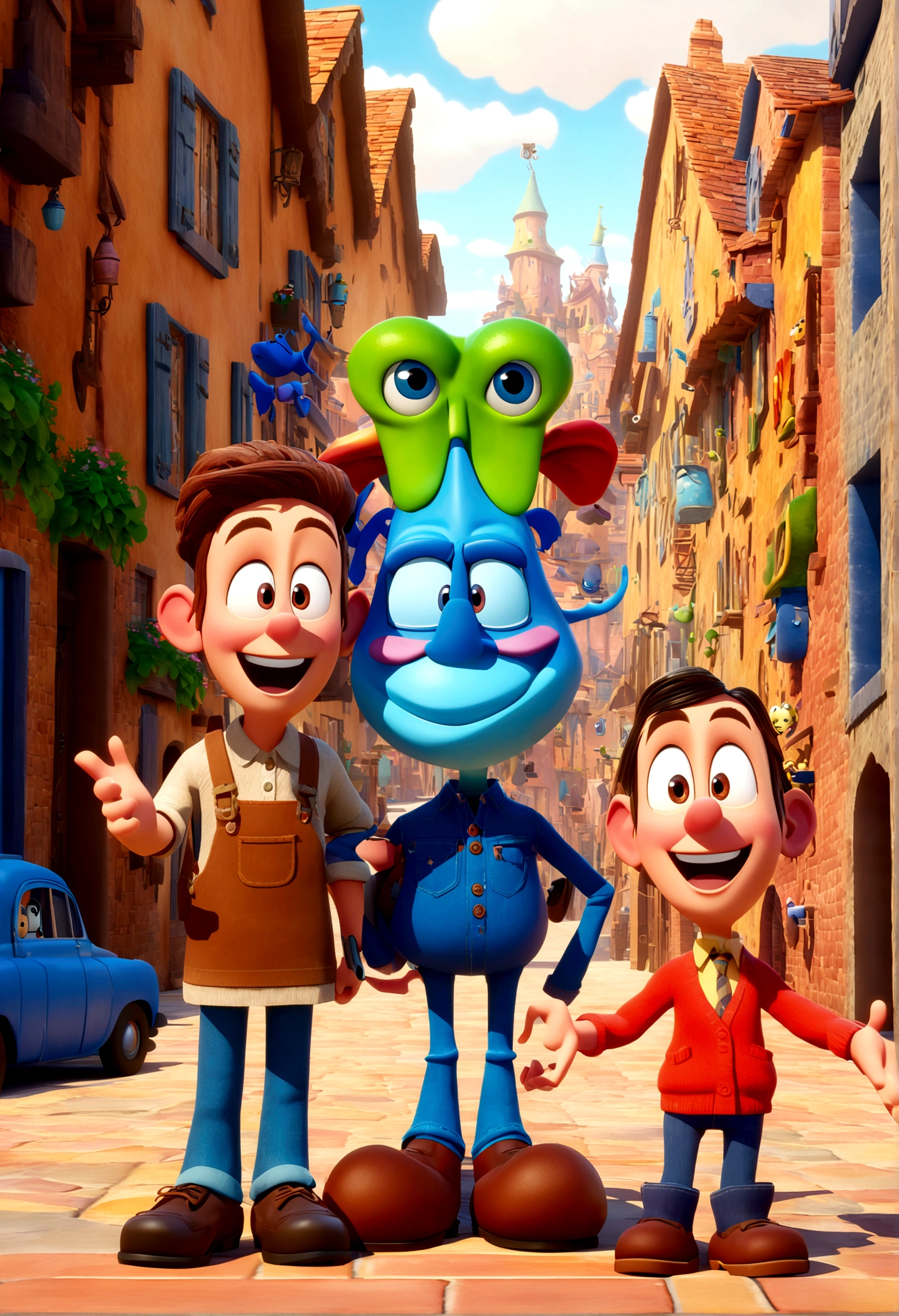 Cartoon of two school kids together, 3D Animation Movie Poster, Poster de filme animado, pixar 3 d animation style, pixar renderman rendering, todos vestindo camisas azuis escuras e jeans claros, Disney Pixar Animation Poster