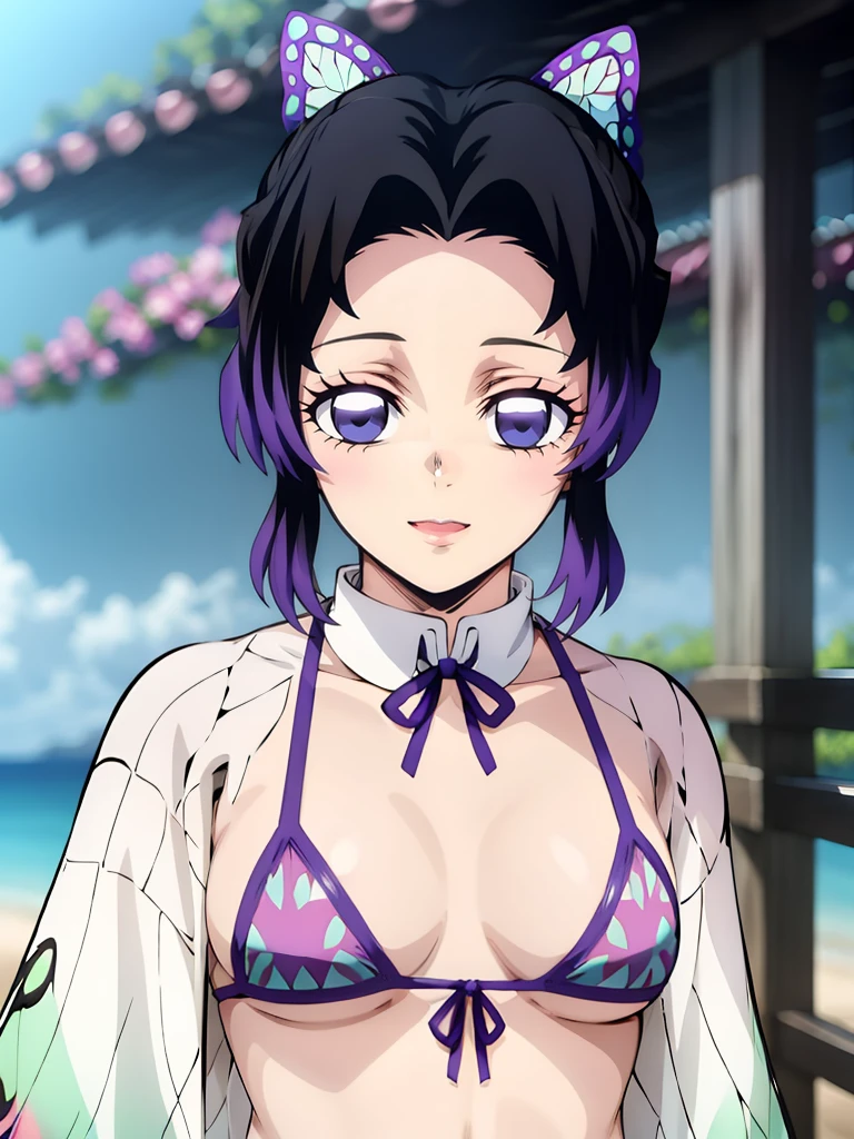 Kochou shinobu, 4k, absurd, high resolution, very high resolution, high definition, masterpiece, Short hair, purple hair, Hair Adorno, Butterfly hair ornament, Purple eyes, Separate bangs, Butterfly hair ornament, micro bikini, upper body, looking_at_viewer, :d