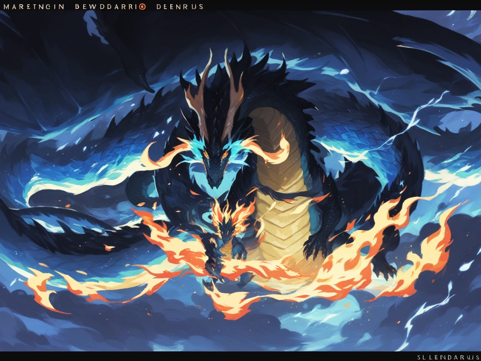 dragon with blue and yellow fire breathing in the sky, DRAGON LENDARIUS, majestic japanese dragon, storm dragon, colossal dragon as a background, colossal dragon in background, epic dragon, Mizutsune, By Kan&#39;o Tan&#39;yū, epic anime art, Chinese dragon concept art, 1 0 2 4 x 7 6 8, oni, advanced digital anime art”