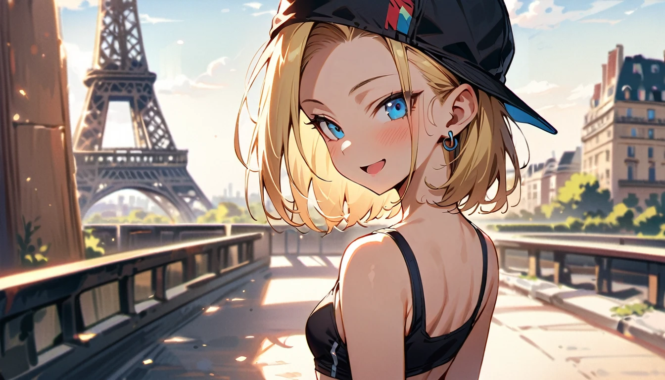 (masterpiece, best quality:1.2), solo, Android 18 from Dragon Ball, ((crop sport bra)), (short dolphin shorts), small breasts, short blonde hair loose, ((one eye close)), black eye, earrings on earlobes, slender feminine figure, narrow waistline, skinny body, (plane black cap), (cap without logo), sky, head tilt, looking at viewer, light blush, shot from behind, looking back, back view, arms behind back, walking, the Eiffel Tower, outside, natural lighting and shadows, magnificent view, blur background, 4K, open mouth, smile, portrait,