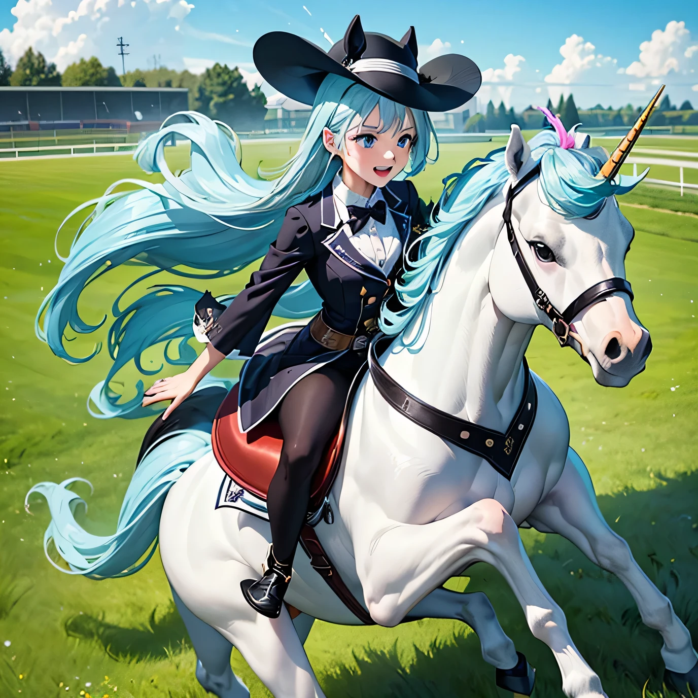 (A young woman is excited and feverish. A horse racing jockey with a crazy vibe wearing a black hat:1.2), whole body, Expression of joy,
Beautiful Maidenhair Rider,
(She is galloping on a white unicorn Pegasus with sky blue hair。:1.4),
(She is wearing a colorful horse rider costume and a rider's hat。:1.4),
Dynamic action horse riding,
Turf course at the racetrack in full bloom,
A large audience, (High wind speed and grass effect)