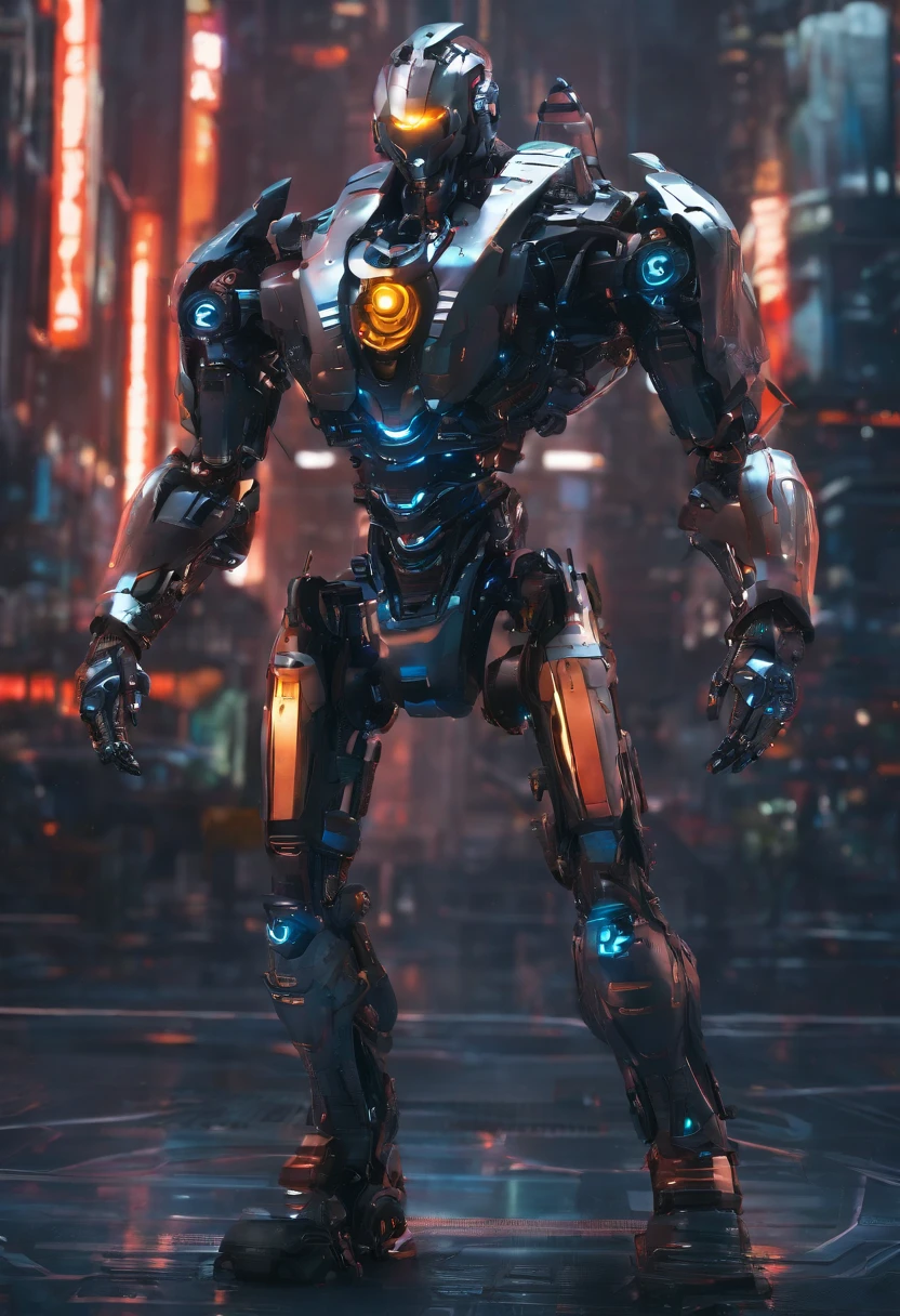 1 robot, male, sleek and menacing design, glowing eyes, full body, highly detailed, cinematic lighting, dark and moody atmosphere, shiny metallic surfaces, complex mechanical details, dynamic pose, dramatic shadows, sci-fi, (best quality,8k,highres,realistic,photorealistic:1.37)